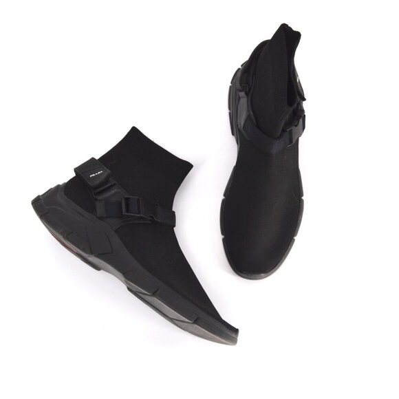 Prada Buckled Rubber Trimmed Stretch Knit Sock Boots Sneakers Black Men's 9 - Picture 1 of 11